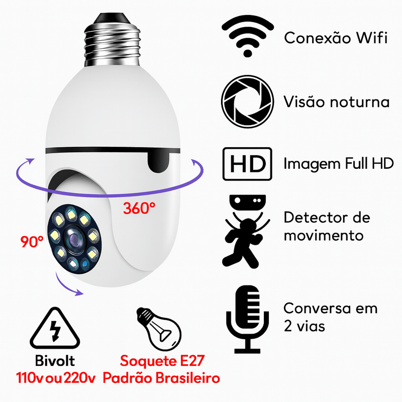 Lâmpada Câmera Segurança Wi-Fi, com visão noturna